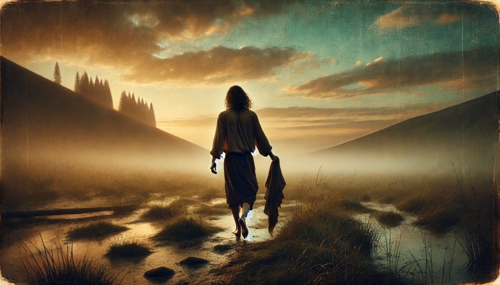 Persona de cabello largo caminando descalza por un paisaje natural al atardecer, rodeada de niebla y luz dorada, en una escena introspectiva que simboliza la exploración y el autodescubrimiento.