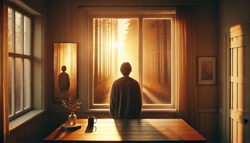 Persona ambigua en cuanto a género observa en silencio un bosque dorado desde una ventana, en una escena cálida y reflexiva iluminada por la luz del atardecer.