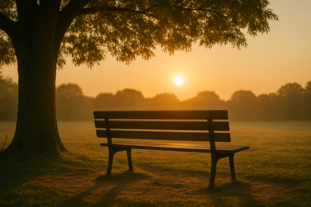 Banco de madera visto desde atrás bajo un árbol grande, iluminado por la luz suave del amanecer en un parque tranquilo.