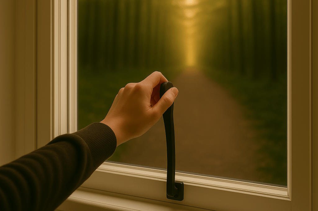 Mano abriendo una ventana blanca hacia un sendero de bosque iluminado por la luz dorada del atardecer.