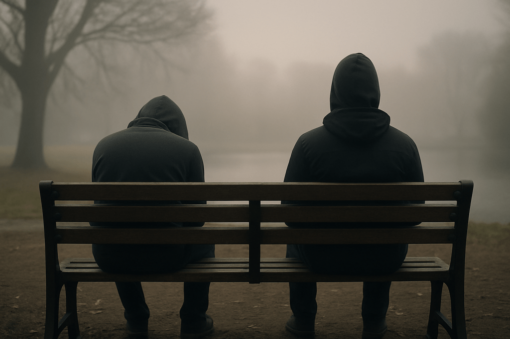 Dos personas con capucha sentadas en un banco al atardecer, una con postura encogida de tristeza y otra acompañando en silencio, rodeados de niebla suave.