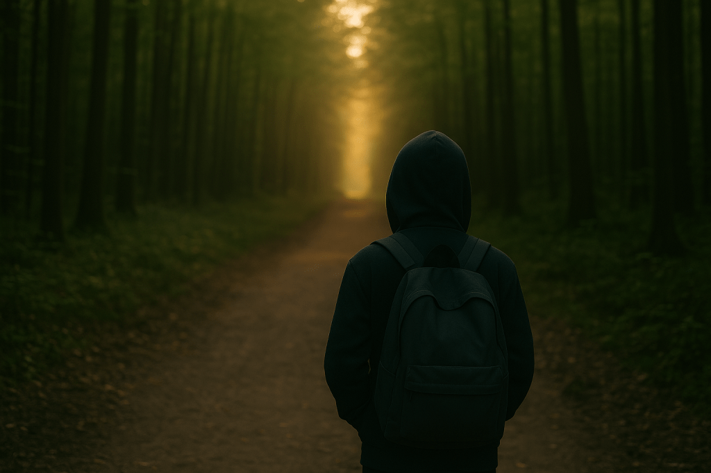 Adolescente de espaldas caminando por un sendero en el bosque al amanecer, simbolizando el proceso de cambio y búsqueda interior.