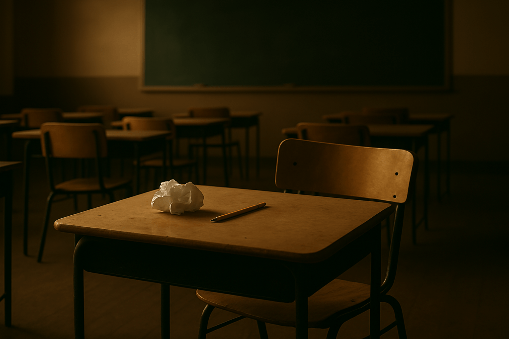 Aula vacía iluminada por luz cálida de la tarde, con una mesa y una silla ligeramente desordenadas. Sobre la mesa, un papel arrugado y un lápiz sugieren el rastro de un intento fallido. El ambiente transmite silencio, introspección y oportunidad de cambio.