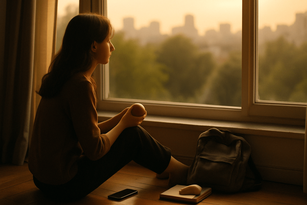 Adolescente sentada junto a una ventana al atardecer, sosteniendo una manzana, con una mochila y un móvil apagado a su lado, en una escena íntima y cálida que evoca autocuidado y reflexión.