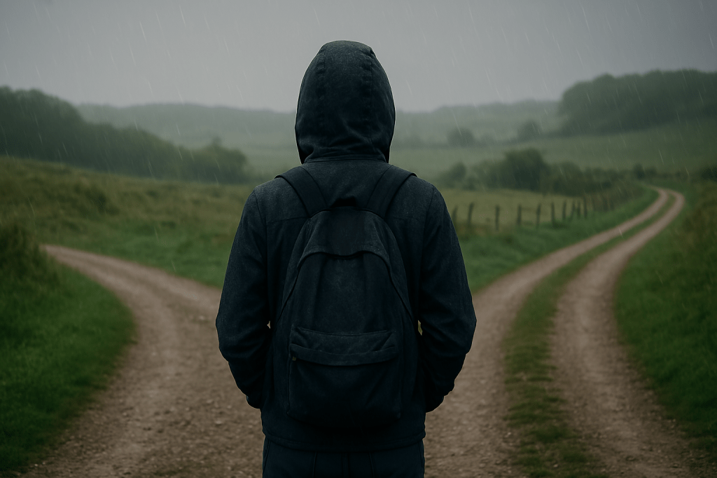 Joven caminando hacia una bifurcación en un camino rural, simbolizando la toma de decisiones educativas en la adolescencia