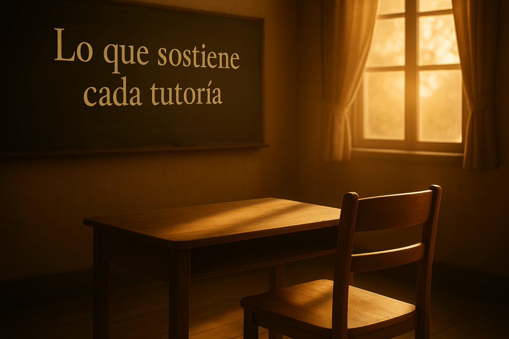 Aula iluminada por la luz del atardecer, con una silla y pupitre vacíos frente a una pizarra que dice "Lo que sostiene cada tutoría".