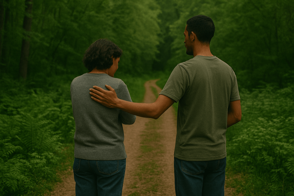 Dos figuras adolescentes en un camino rodeado de vegetación. Una se abraza a sí misma y la otra le acompaña con una mano en su hombro y otra en el pecho, mostrando un gesto de compasión.