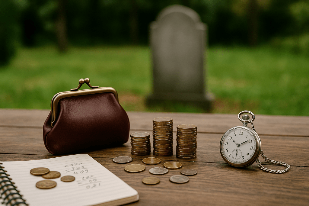 Mesa de madera con monedas, un monedero burdeos y un reloj de bolsillo; al fondo, una lápida desenfocada en un entorno natural, como metáfora visual del dinero como tiempo de vida.