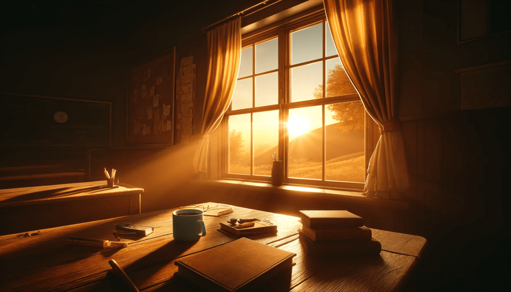Aula al atardecer con ventana abierta, escritorio de madera con libros y taza, iluminado por luz cálida.