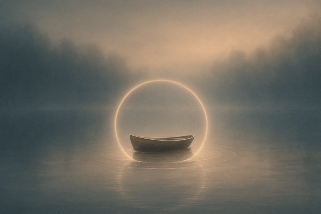 Barca de madera flotando en un lago tranquilo al amanecer, envuelta por un círculo de luz suave que simboliza protección interior y calma estoica.