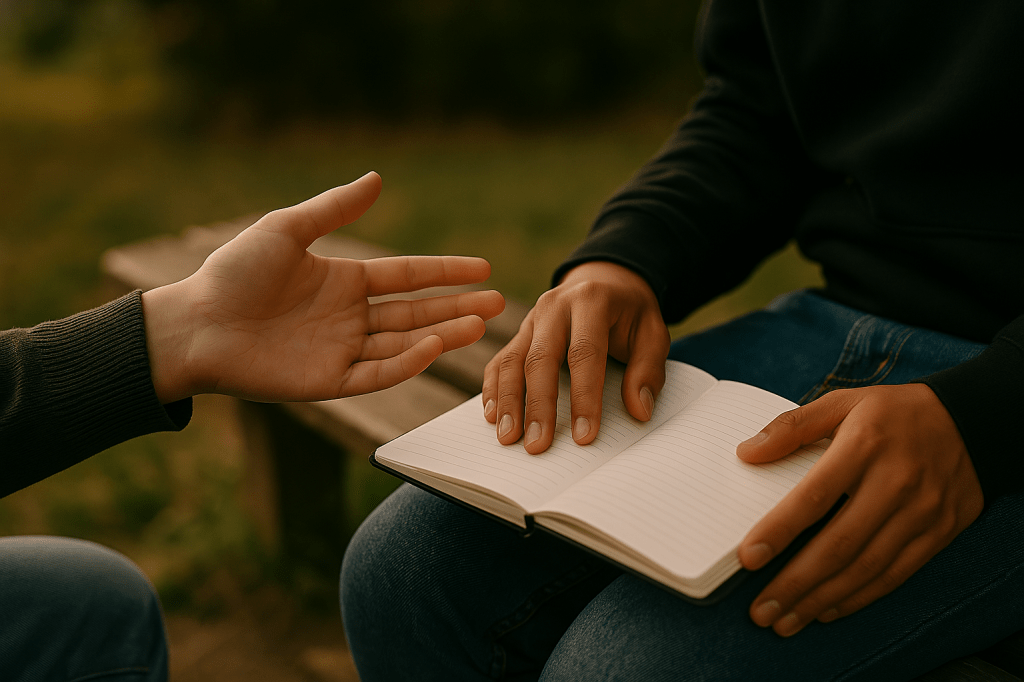 Dos manos jóvenes cerca sin tocarse: una abierta y extendida, la otra apoyada sobre un cuaderno abierto, en un banco al aire libre