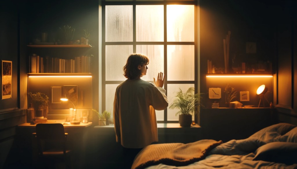 Adolescente con el pelo hasta los hombros, de espaldas, tocando una ventana empañada en una habitación moderna y cálida al atardecer.