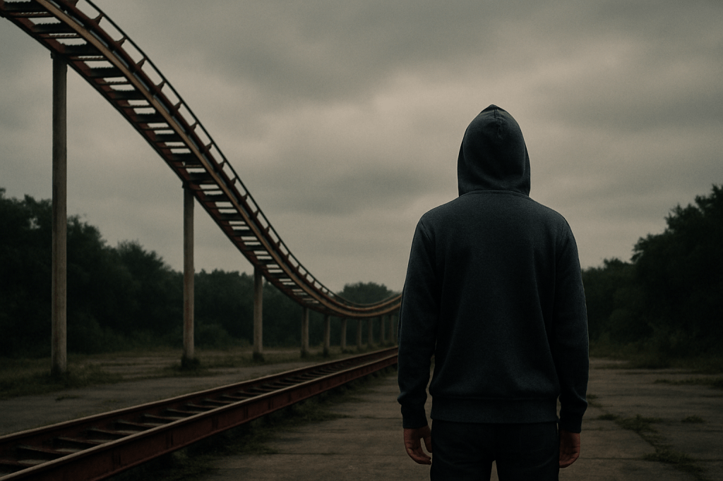 Adolescente encapuchado de espaldas mirando una montaña rusa vacía en un paisaje nublado, simbolizando los riesgos de vivir sin límites.