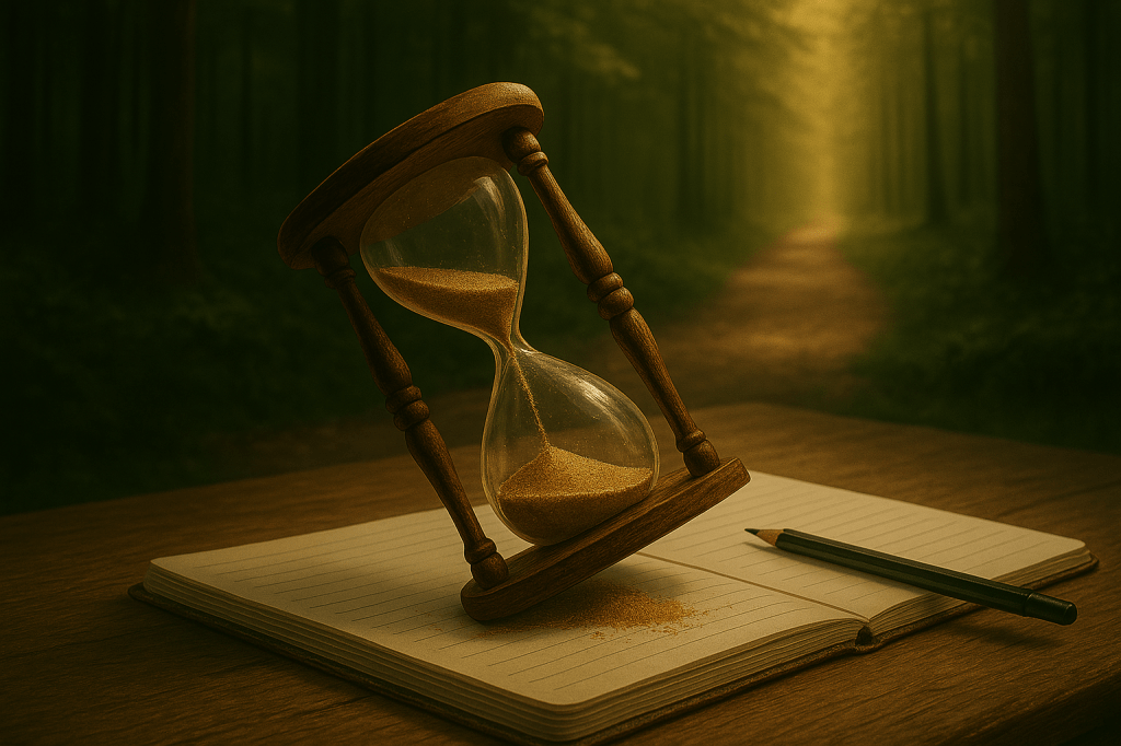 Reloj de arena de madera volcado sobre un cuaderno abierto en medio de un bosque, con arena derramándose y un lápiz al lado