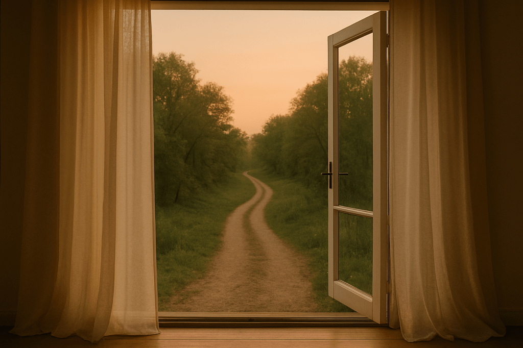 Ventana de balcón abierta, con cortinas movidas por la brisa, mostrando un camino de tierra entre árboles iluminado por la luz dorada del atardecer.