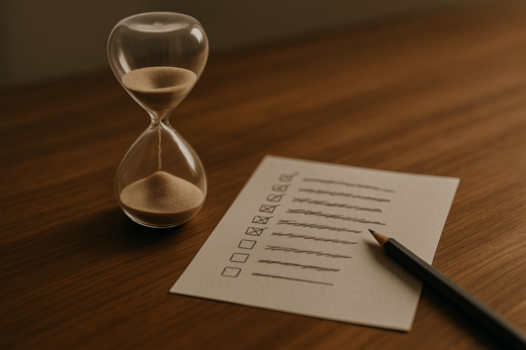 Reloj de arena junto a una lista de tareas parcialmente tachadas sobre una mesa de madera, con luz natural suave.