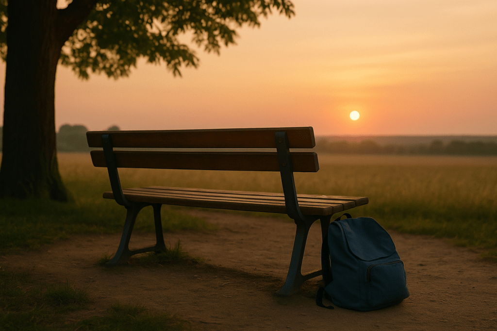 Banco de madera bajo un árbol, con una mochila apoyada en el suelo y el sol poniéndose al fondo.