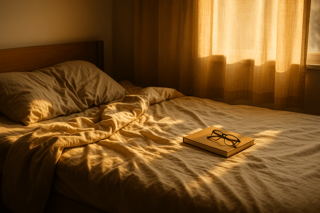 Cama deshecha con luz dorada entrando por la ventana, un cuaderno cerrado y unas gafas descansan sobre las sábanas.