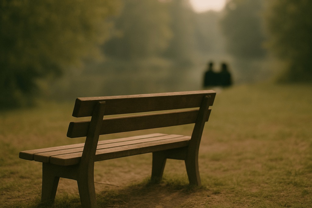 Banco de madera en un parque al atardecer, con una pareja desenfocada al fondo, sentada junto a un lago rodeado de árboles.