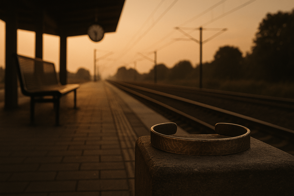 Brazalete metálico de estilo rústico apoyado en un bloque de piedra en un andén vacío al atardecer, con vías de tren que se pierden en el horizonte y luz dorada.