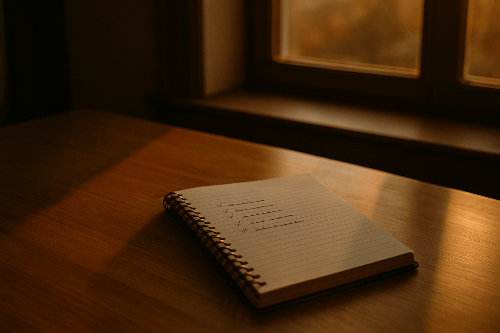 Cuaderno abierto con una lista de tareas parcialmente tachada, iluminado por la luz cálida del atardecer junto a una ventana.