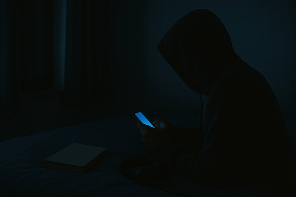 Persona sentada en la cama con sudadera y capucha, mirando fijamente la pantalla de su móvil en la penumbra. La luz azul del dispositivo ilumina parcialmente sus manos y silueta, mientras un cuaderno y unos auriculares descansan cerca. No se distingue el rostro.