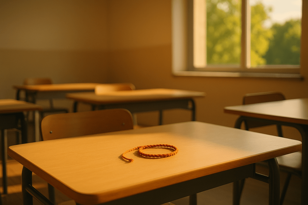 Pulsera de hilo sobre una mesa vacía en un aula iluminada por el sol del verano, simbolizando una despedida emocional.