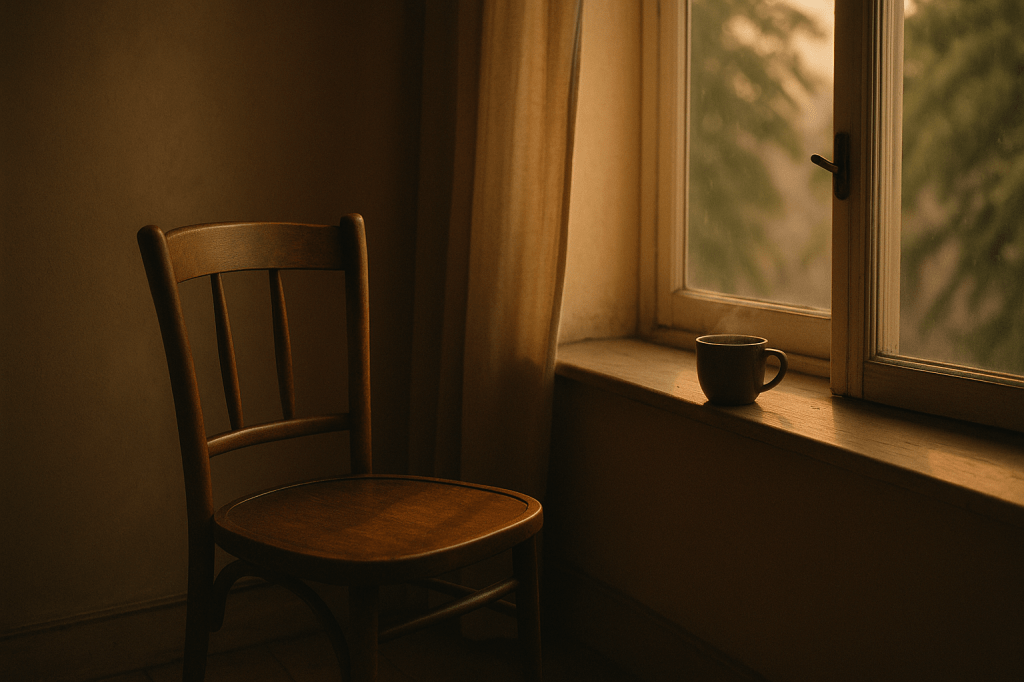 Silla de madera vacía junto a una ventana abierta con luz cálida del atardecer y una taza en el alféizar