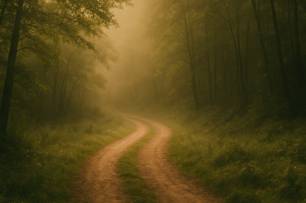 Camino de tierra entre árboles al amanecer, con niebla suave y luz dorada: metáfora del inicio de una nueva etapa.