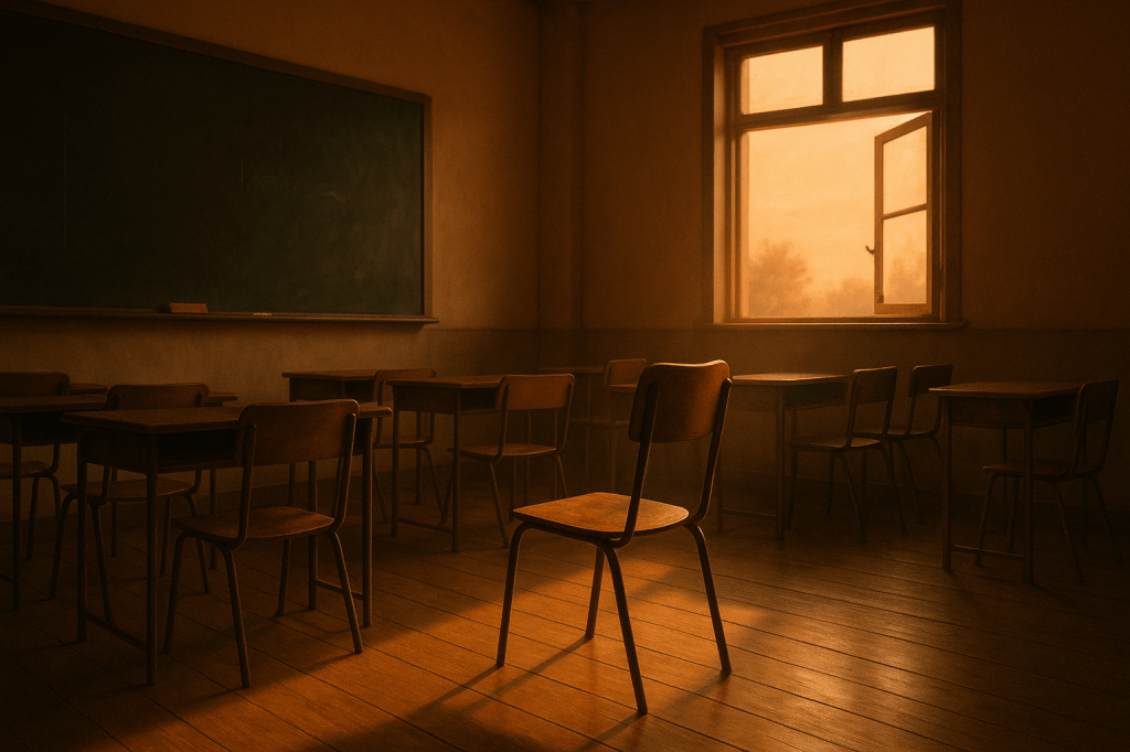 Aula vacía iluminada por la luz cálida del atardecer, con una silla sola frente a una ventana abierta. Escena simbólica que transmite calma y reflexión.