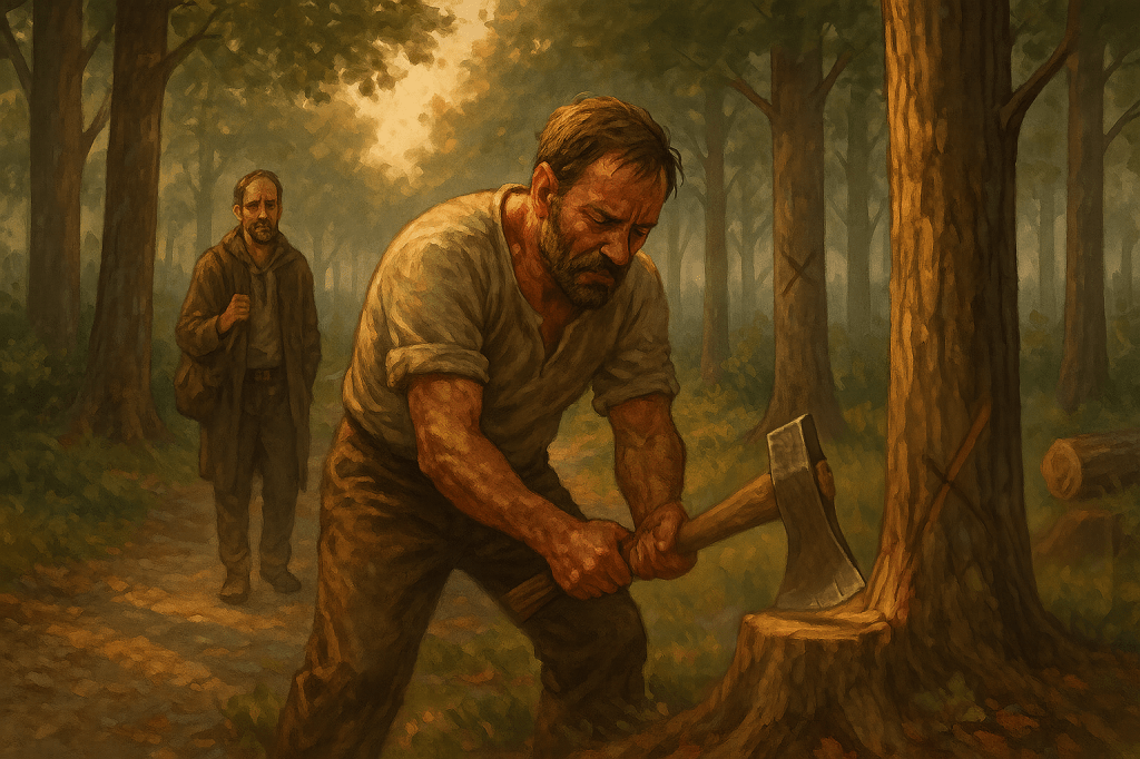 Leñador talando un árbol en el bosque mientras un caminante lo observa al atardecer.