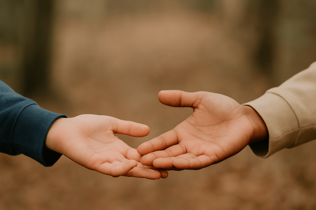 Dos manos abiertas, una más clara y otra más oscura, extendidas sin tocarse sobre fondo cálido difuminado