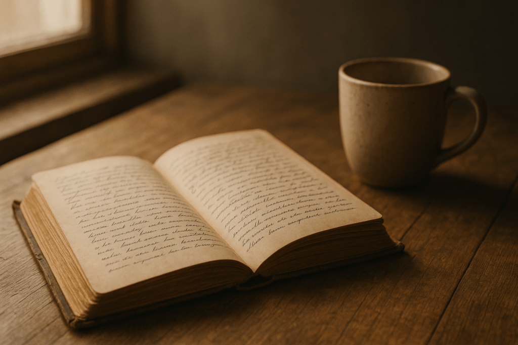 Cuaderno antiguo abierto con letra manuscrita junto a una taza de cerámica, iluminados por la luz de una ventana