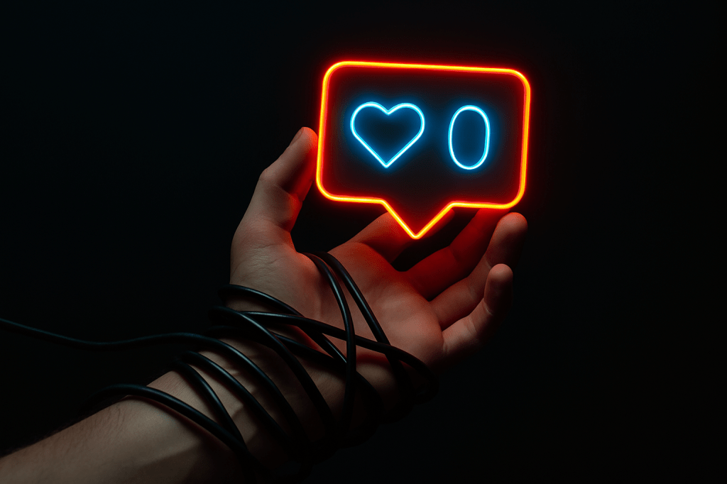 Mano envuelta en cables sosteniendo un icono de redes sociales con un corazón y el número cero en luces de neón