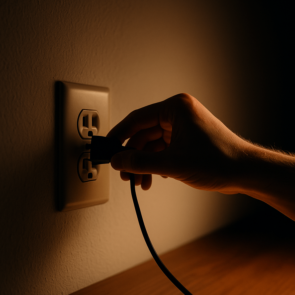 Mano desenchufando un cable en la oscuridad, representando una elección consciente.