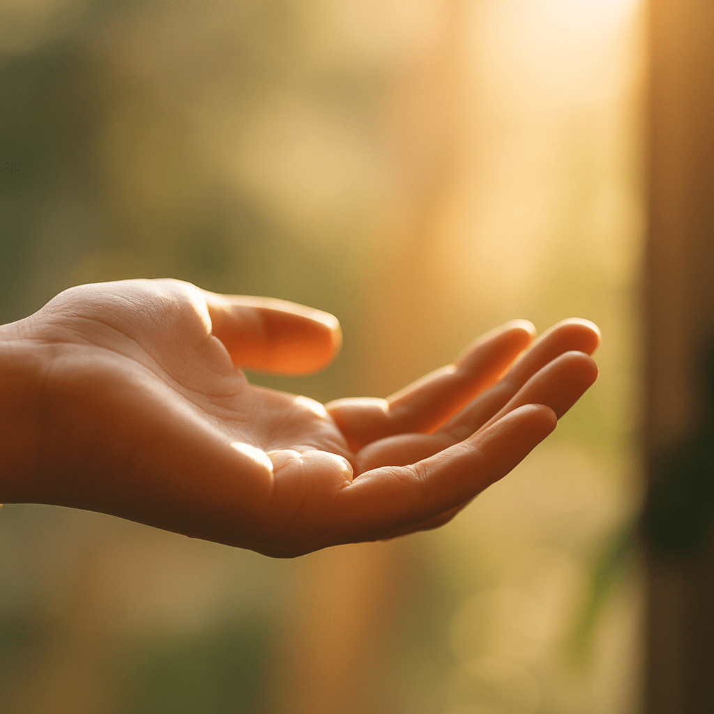 Mano humana extendida hacia la luz del sol, con fondo desenfocado y tonos cálidos.