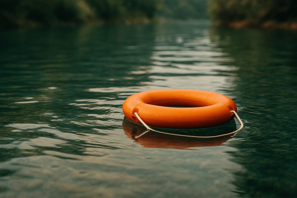 Un flotador naranja flotando en calma sobre el agua de un lago natural, símbolo de exigencia flexible frente al listón fijo.