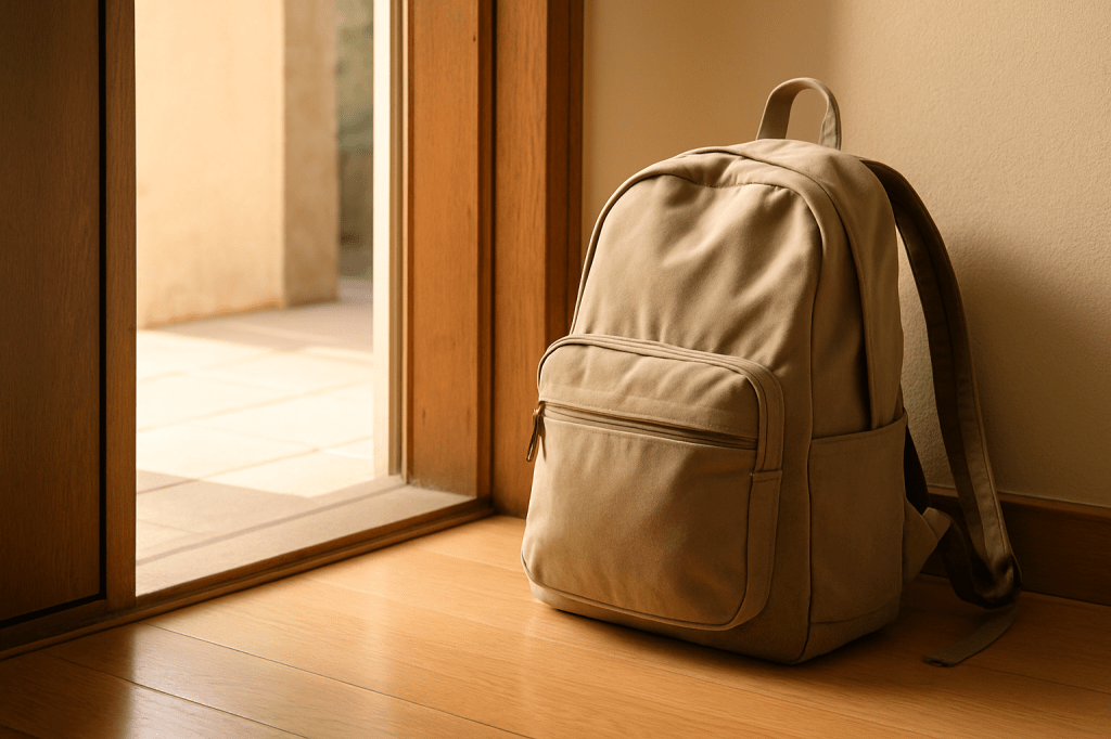 Mochila beige apoyada junto a una puerta entreabierta con luz suave de la mañana.