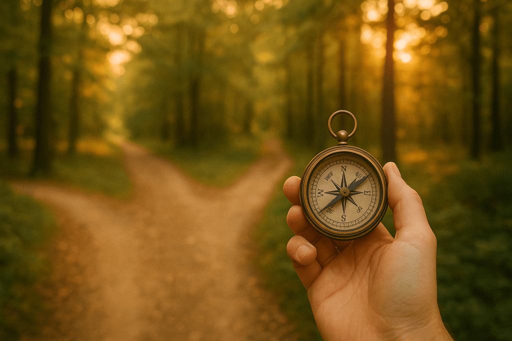 Mano sosteniendo una brújula frente a un camino que se bifurca en un bosque iluminado por el atardecer.
