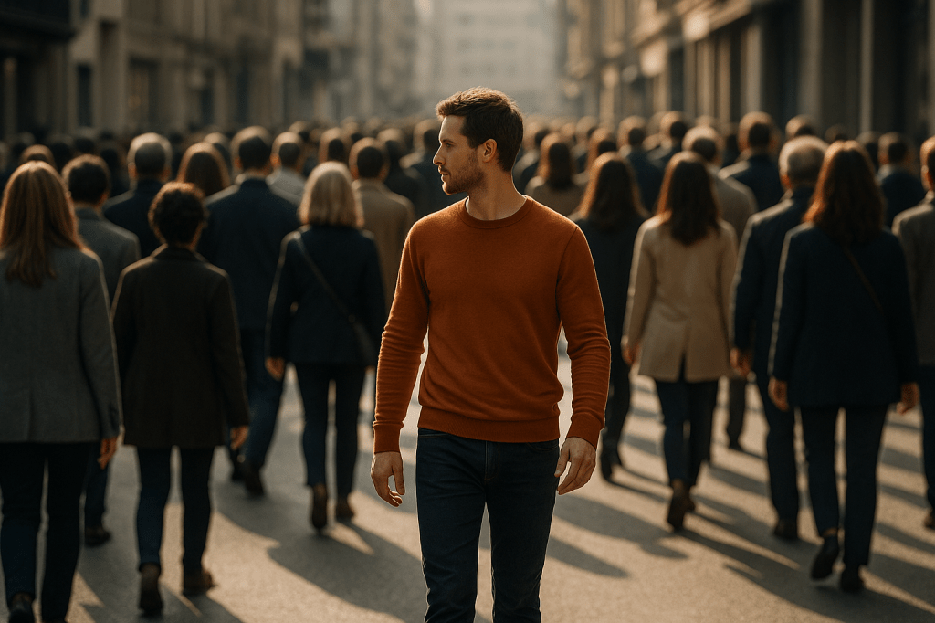 Persona caminando en dirección contraria a una multitud, vista desde arriba.