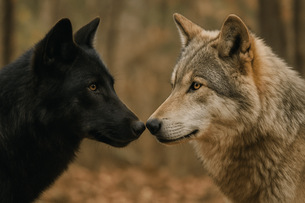 Dos lobos frente a frente en un bosque, uno negro y otro gris, mirándose fijamente con luz natural. Imagen simbólica de la fábula El lobo que alimentas.