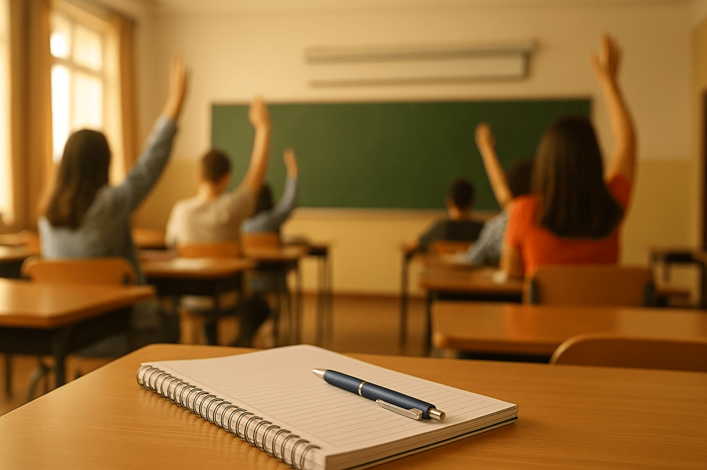 Cuaderno abierto con bolígrafo sobre una mesa en primer plano, al fondo un aula iluminada con luz cálida y varias manos levantadas de estudiantes, simbolizando participación y aprendizaje en calma.