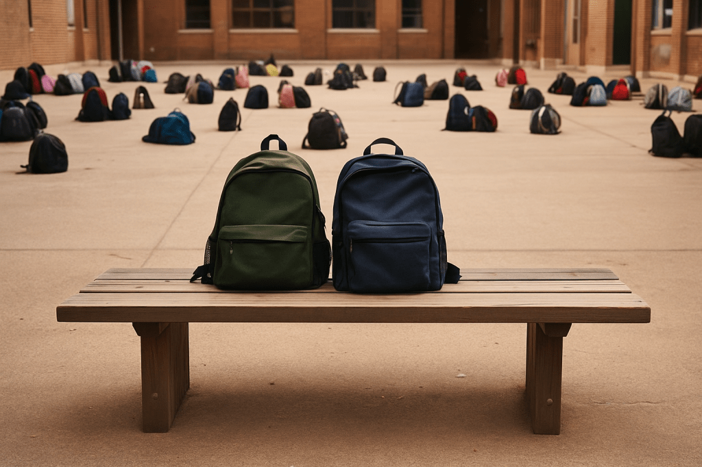 Dos mochilas apoyadas en un banco de un patio escolar vacío, con otras mochilas dispersas al fondo. Imagen simbólica sobre la convivencia y la importancia del acompañamiento en la escuela.