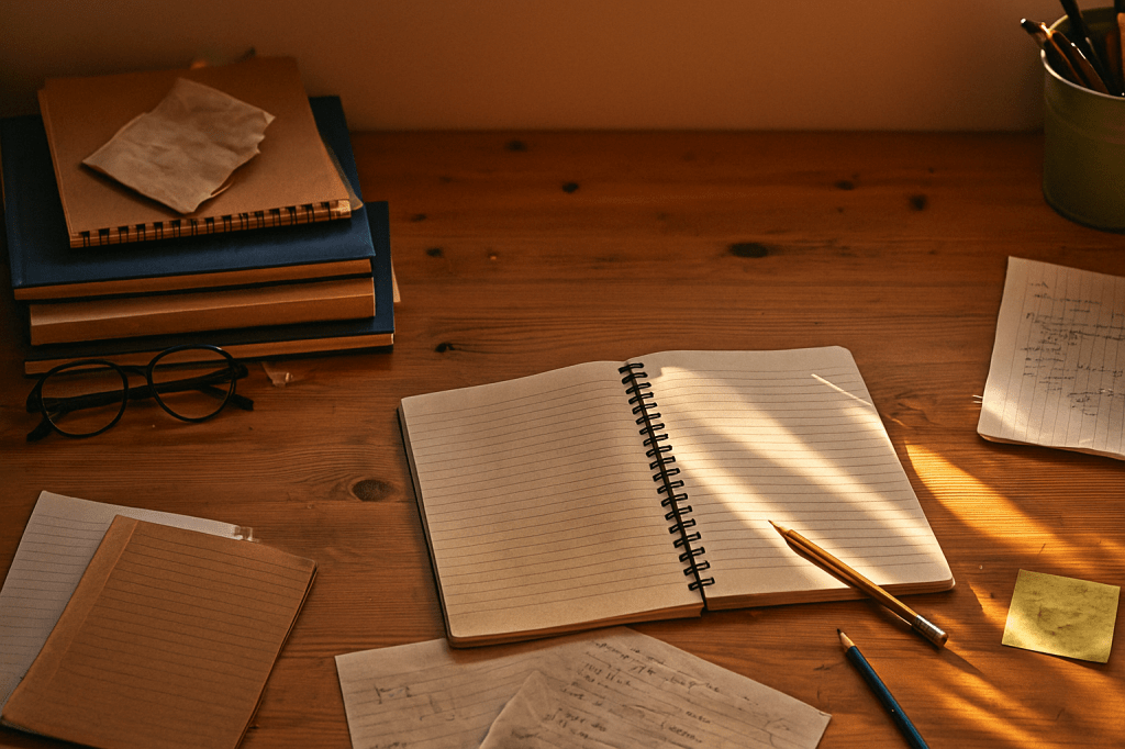 Mesa de estudio de madera con un cuaderno abierto, lápices y papeles dispersos iluminados por la luz cálida de la tarde. Imagen simbólica que transmite calma, reflexión y hábito de estudio.