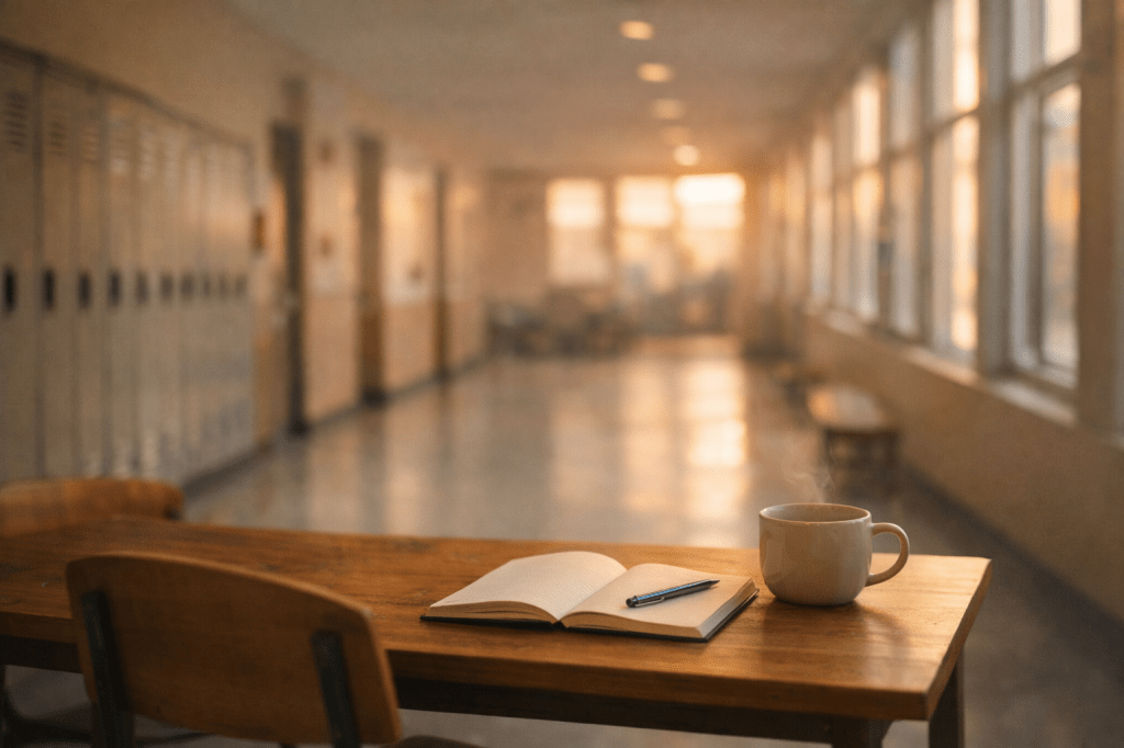 Pasillo de instituto con luz cálida al fondo y una mesa con cuaderno, bolígrafo y taza; una invitación a la pausa y la presencia.